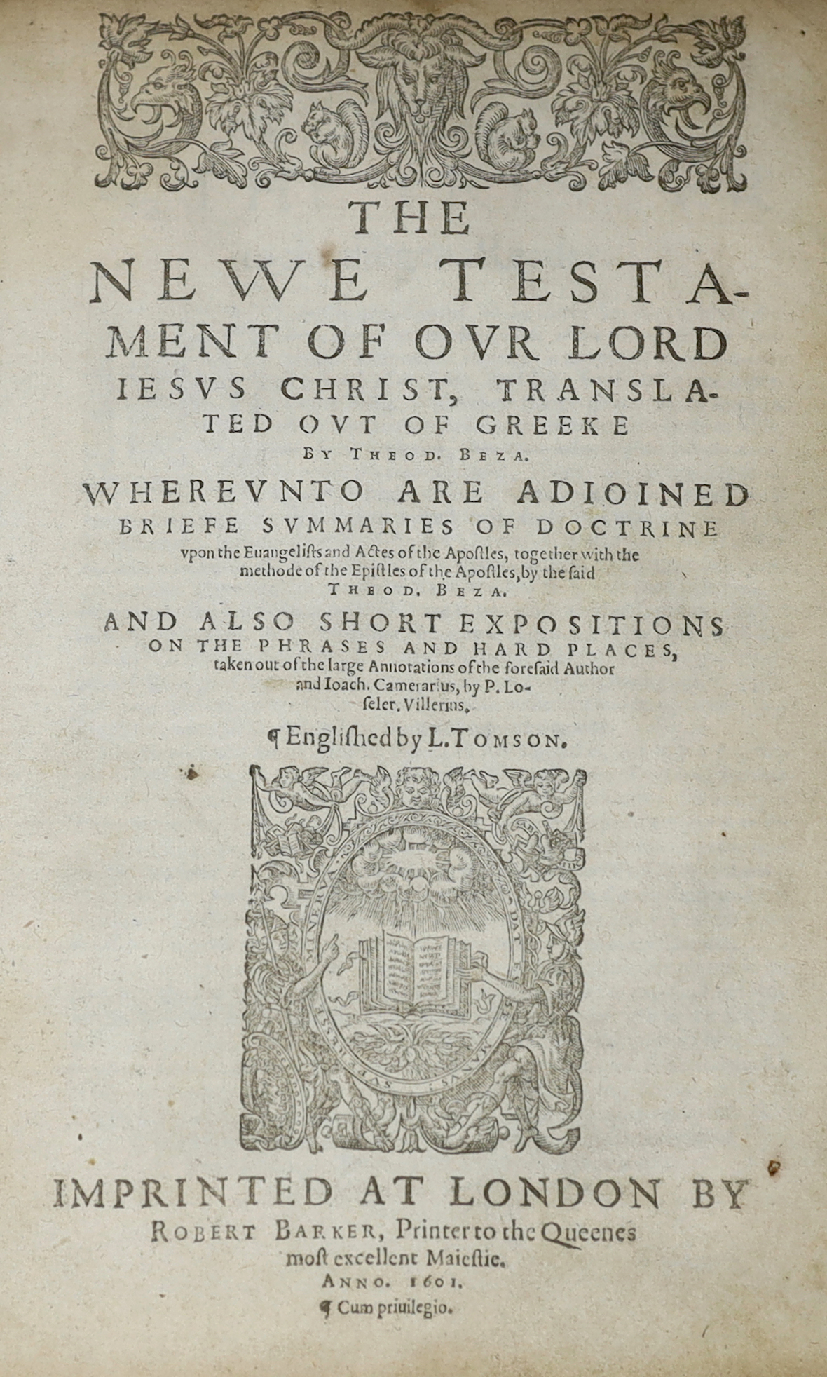 Bible - Robert Barker's Geneva Version of 1601, but lacking general title. (The Bible:that is, the Holy Scriptures conteined in the Old and New Testaments...). head and tailpiece decorations, decorated initial letters, d